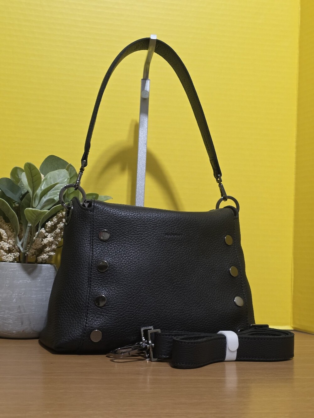 Black Pebbled Leather Shoulder Bag with Silver Studs - Picture 1 of 8